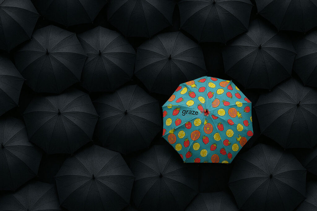 Bespoke custom made umbrella with GRAZE logo and print surrounded by black umbrellas