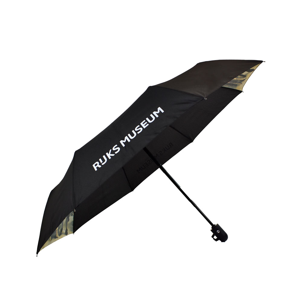 auto folding umbrella side and inside view of canopy with RUKS museum logo and printed images