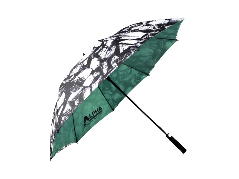branded golf umbrella inside and outside design, side view with Alpha logo printed