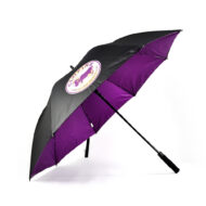 Golf umbrella side view open umbrella with different colour prints inside and out. CLOFINE logo