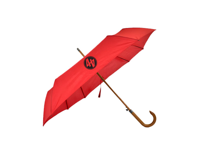 Wood walker wooden curved handle on square custom umbrella side view with '4 4' logo