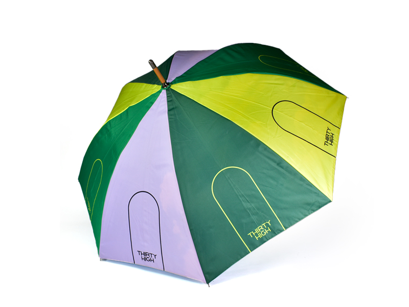 printed wood walker umbrella with Thirty High logo