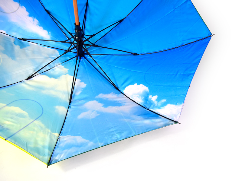 recycled umbrella wood walker, opened upside down, cloud printed image inside the umbrella