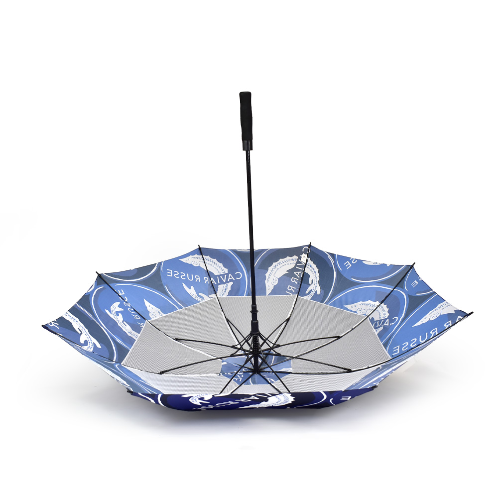 upside down view of golf umbrella with vented panels in bright blue