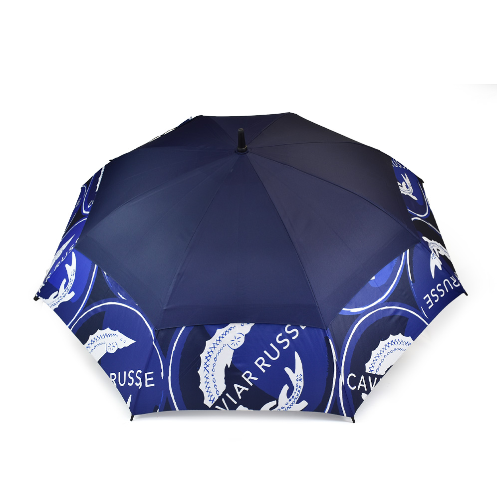 overhead view of golf umbrella with vented panels in bright blue