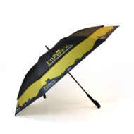 vented umbrella printed yellow and black with skyline around the bottom of the umbrella panels