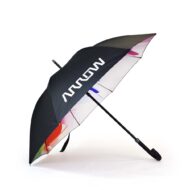 Arrow Microsoft CoPilot Umbrella with black outside panels and complex umbrella design with bright print on inside