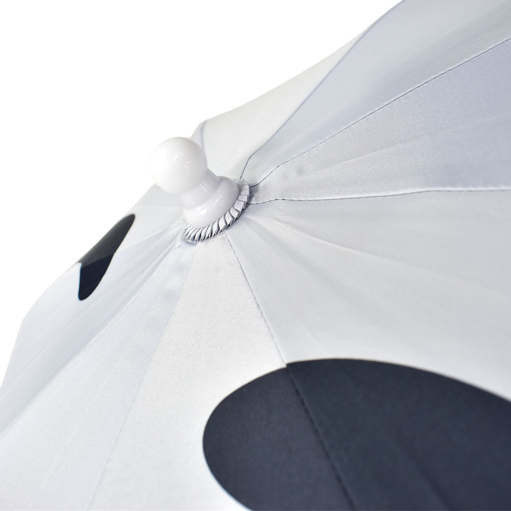 white rounded tip of child size umbrella with white umbrella panels and black print