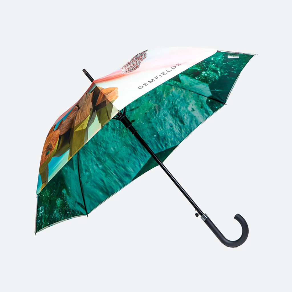 importing umbrellas to US side view of umbrella with inside green panels and black curve handle
