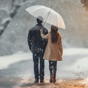 Couple sharing see-through umbrella in the snow