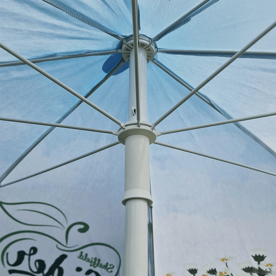 inside white ribs of classic garden parasol