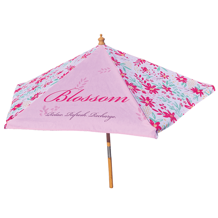 branded parasol with pink panels and wooden pole