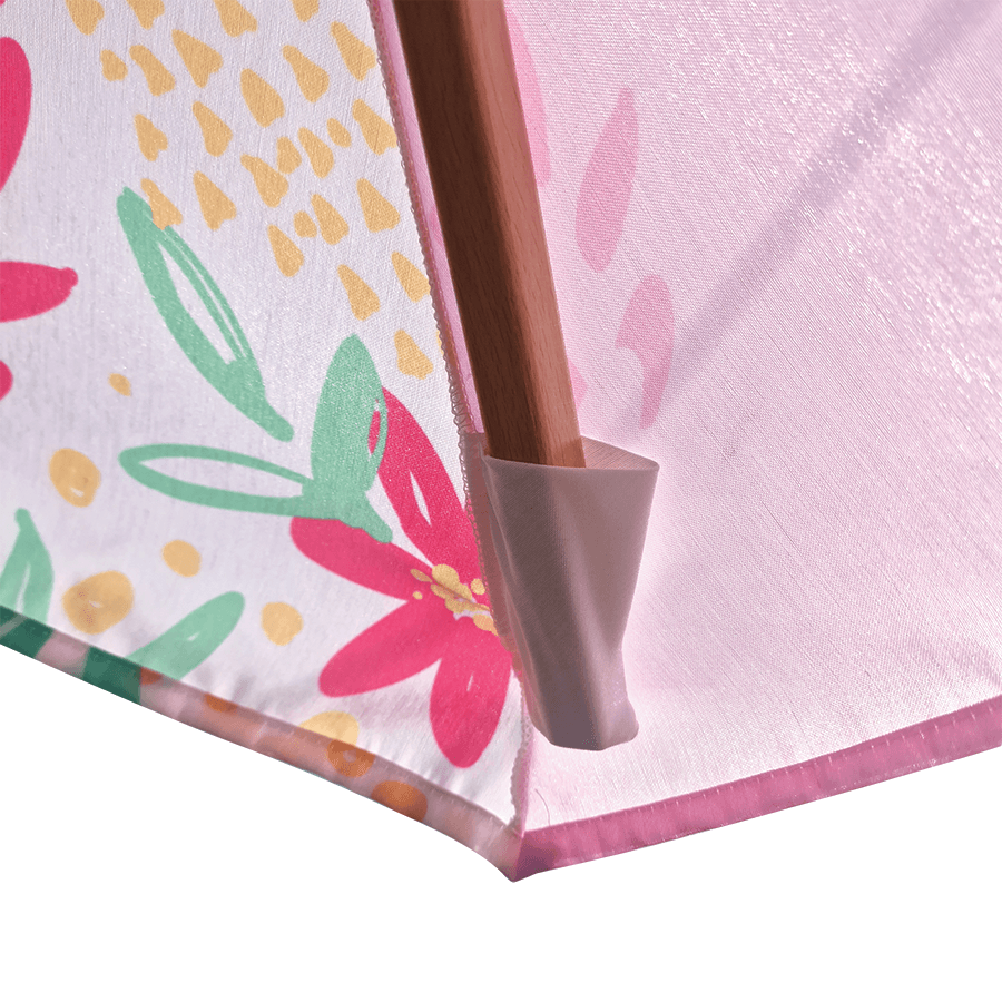 branded parasol with pink panels and wooden pole