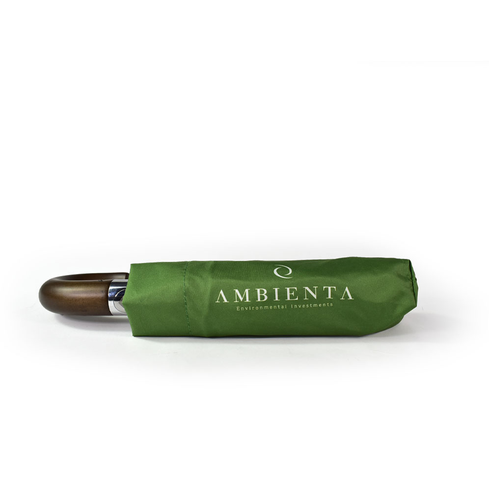 closed green umbrella in green carry sleeve