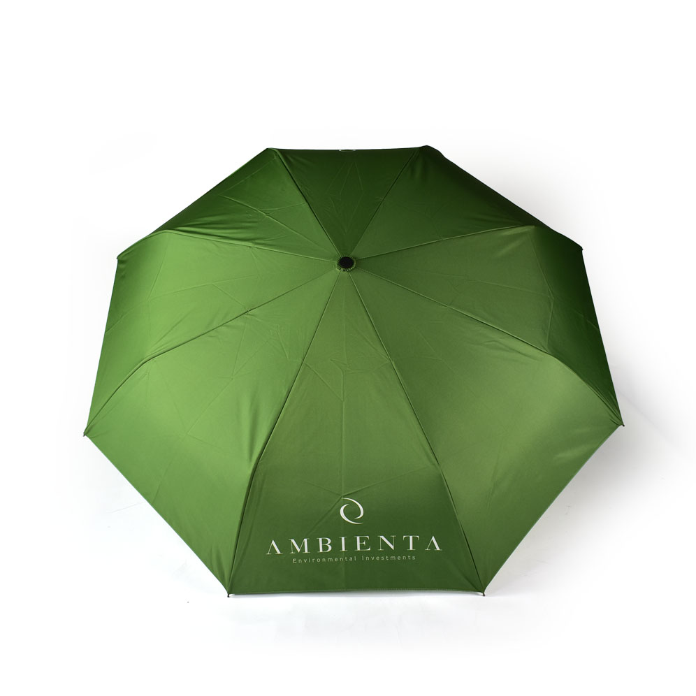 open umbrella showing 8 green Pantone matched panels with logo print on 1 panel