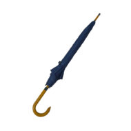 closed university umbrella with blue panels and wooden curved handle shown closed