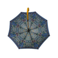 open university umbrella showing the inside umbrella panels which has intricate design and wooden pole and curved handle