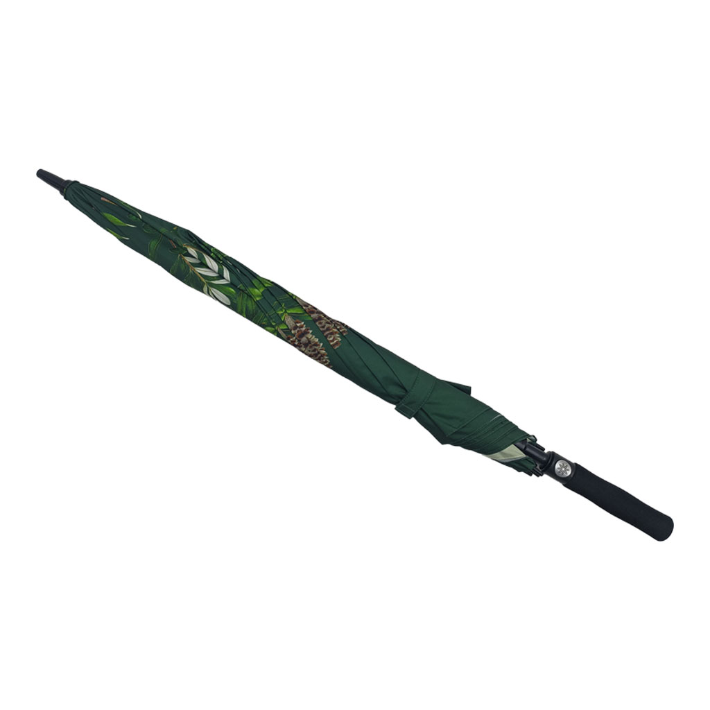 Golf umbrella with laser engraved push button