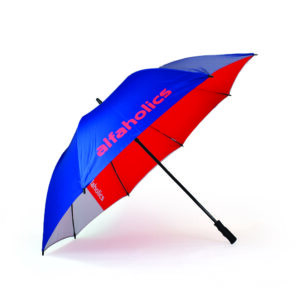 side view of golf umbrella with blue external panels and red inside panels