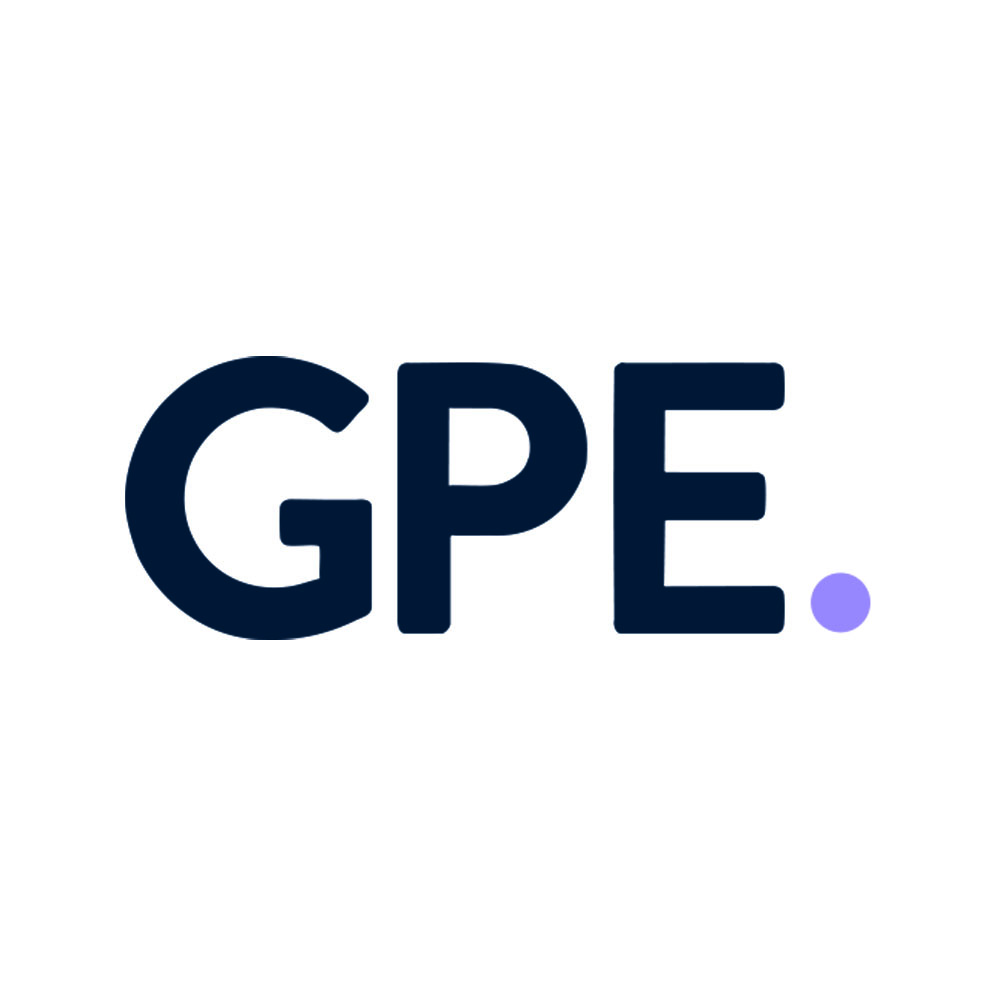 GPE. text in navy blue with purple full stop.
