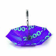 purple umbrella upside down with green print on inside of umbrella