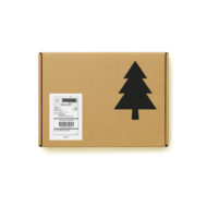 brown closed presentation box with black printed Christmas tree on it and a shipping label