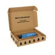 brown open presentation box with printed black Christmas trees and printed text that says Merry Christmas! From us all at Astria Precision Payroll