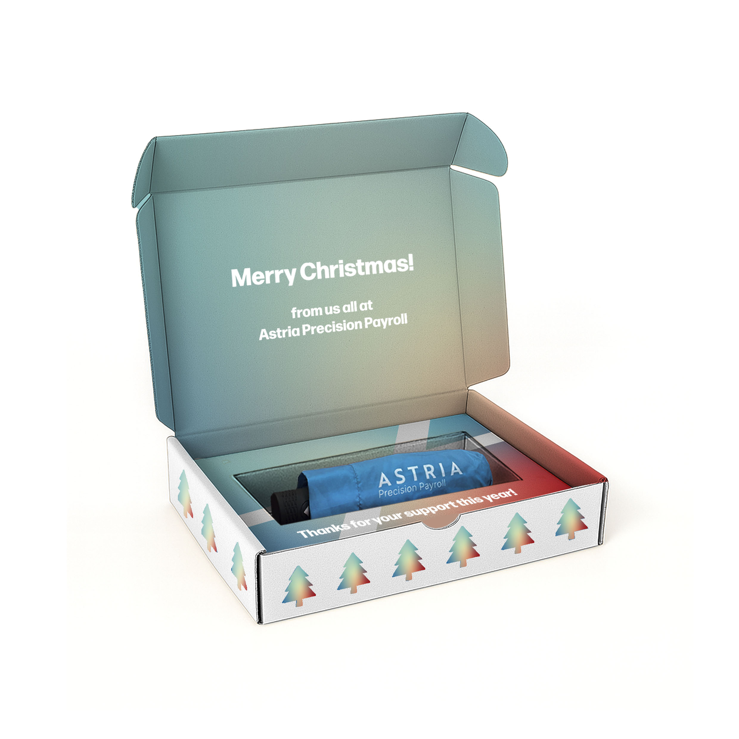 small blue umbrella in printed presentation box