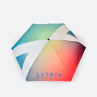 gradient print on open umbrella the blue logo says ASTRIA Precision Payroll and there are white upside down V shown on two panels