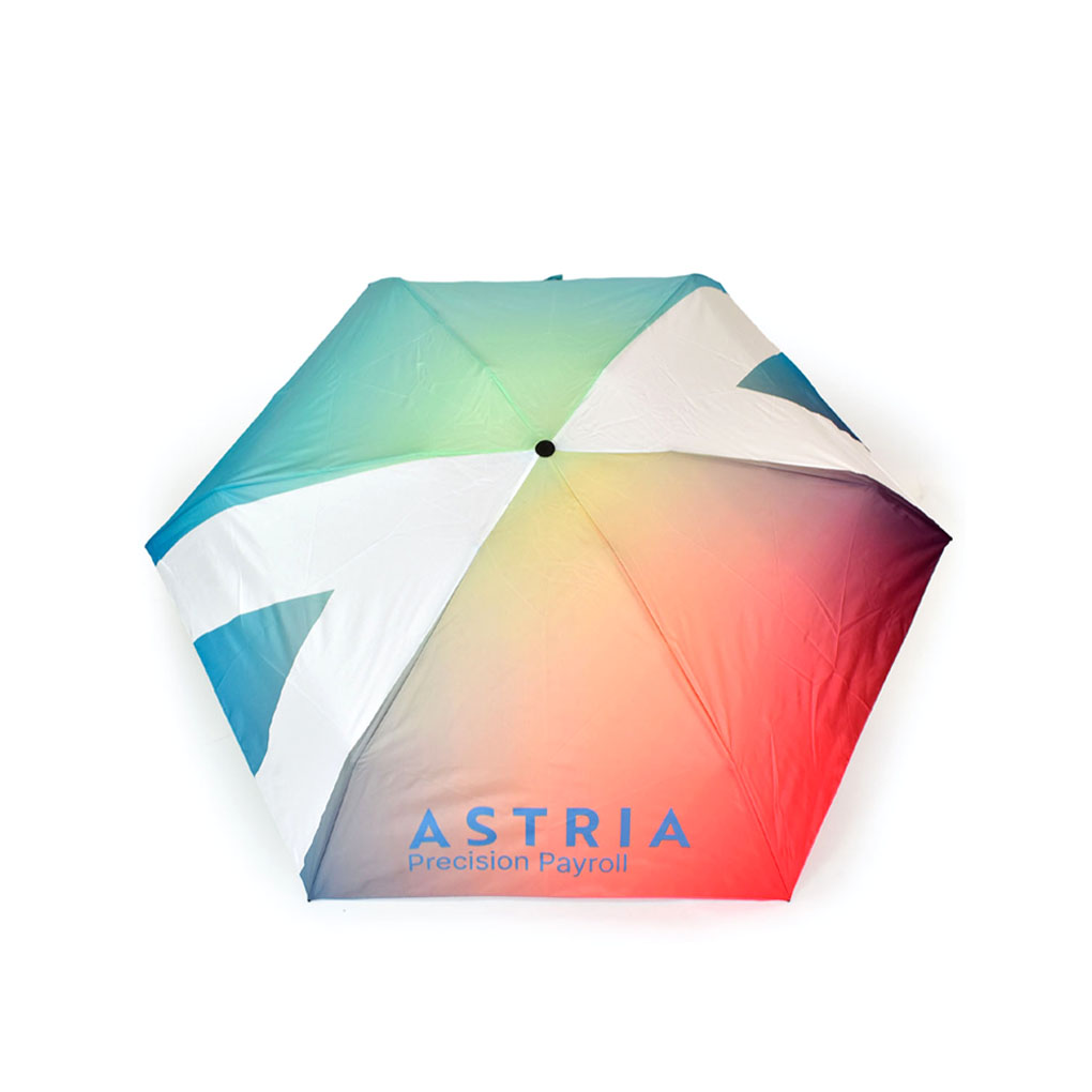 gradient print on open umbrella the blue logo says ASTRIA Precision Payroll and there are white upside down V shown on two panels