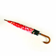 closed view of Bristol Fungarium umbrella with red panels and wooden pole and curved handle