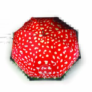 Open umbrella for Bristol Fungarium with red panels and mushroom pattern with wooden pole and curved handle