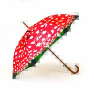 Side view of Bristol Fungarium umbrella with red panels and wooden pole and curved handle