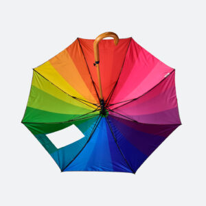 inside view of rainbow print on umbrella for band merchandise