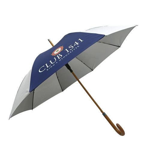 side view of Kings School umbrella with white and blue panels