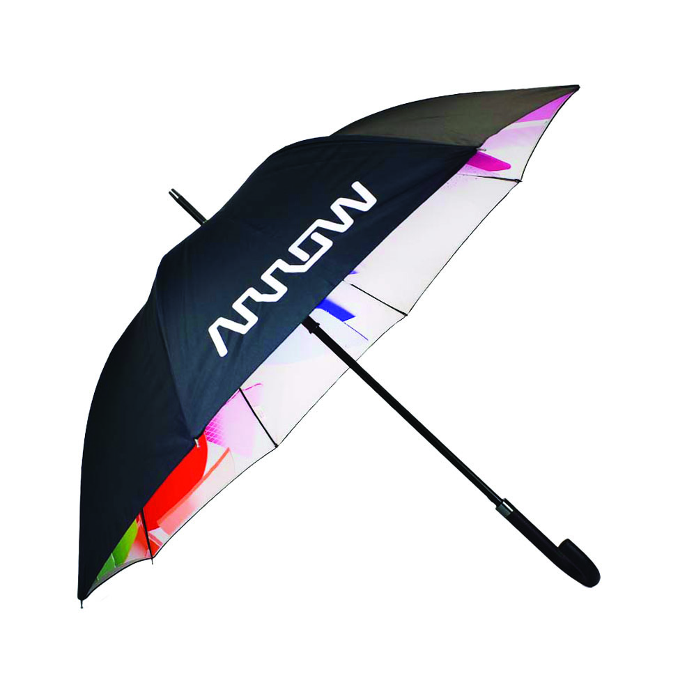 black umbrella with vibrant print on inside of umbrella