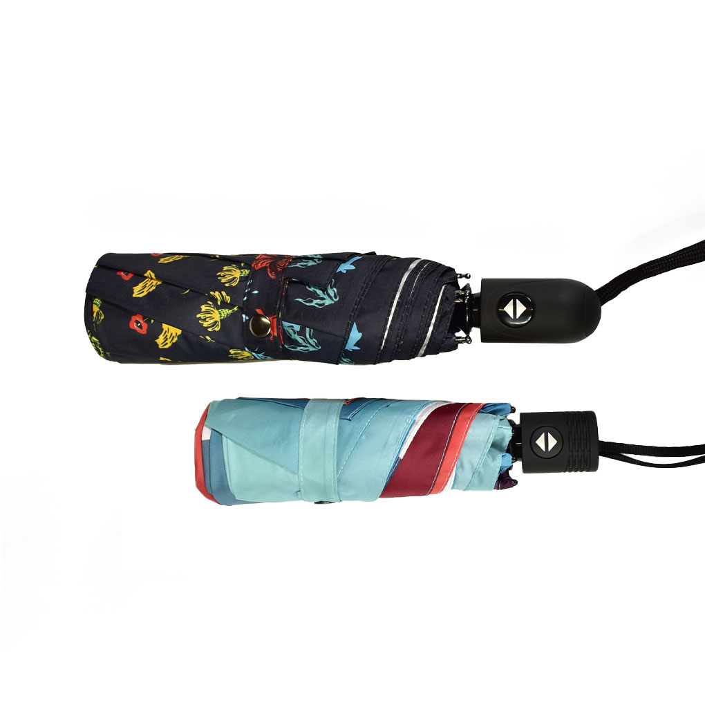 small compact folding umbrella closed next to standard folding umbrella