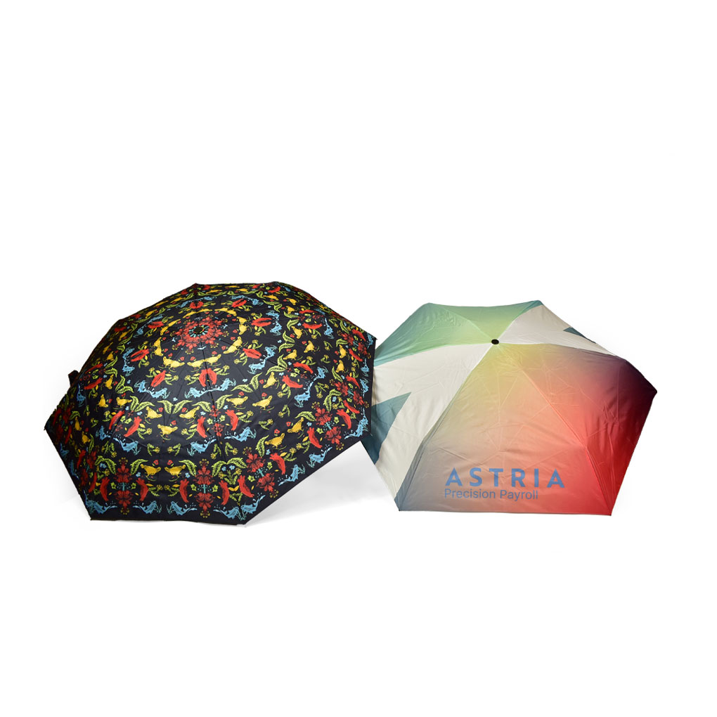 open umbrellas next to each other one is a smaller compact folding umbrella and the other is a standard folding umbrella