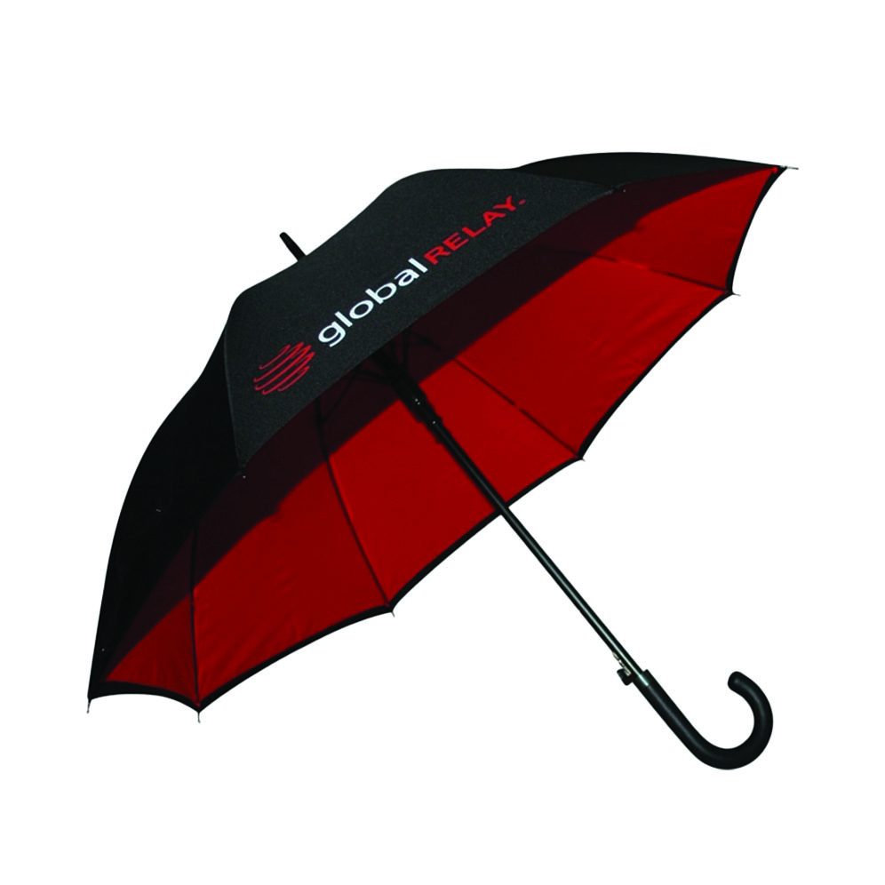 side view of black umbrella with red inside