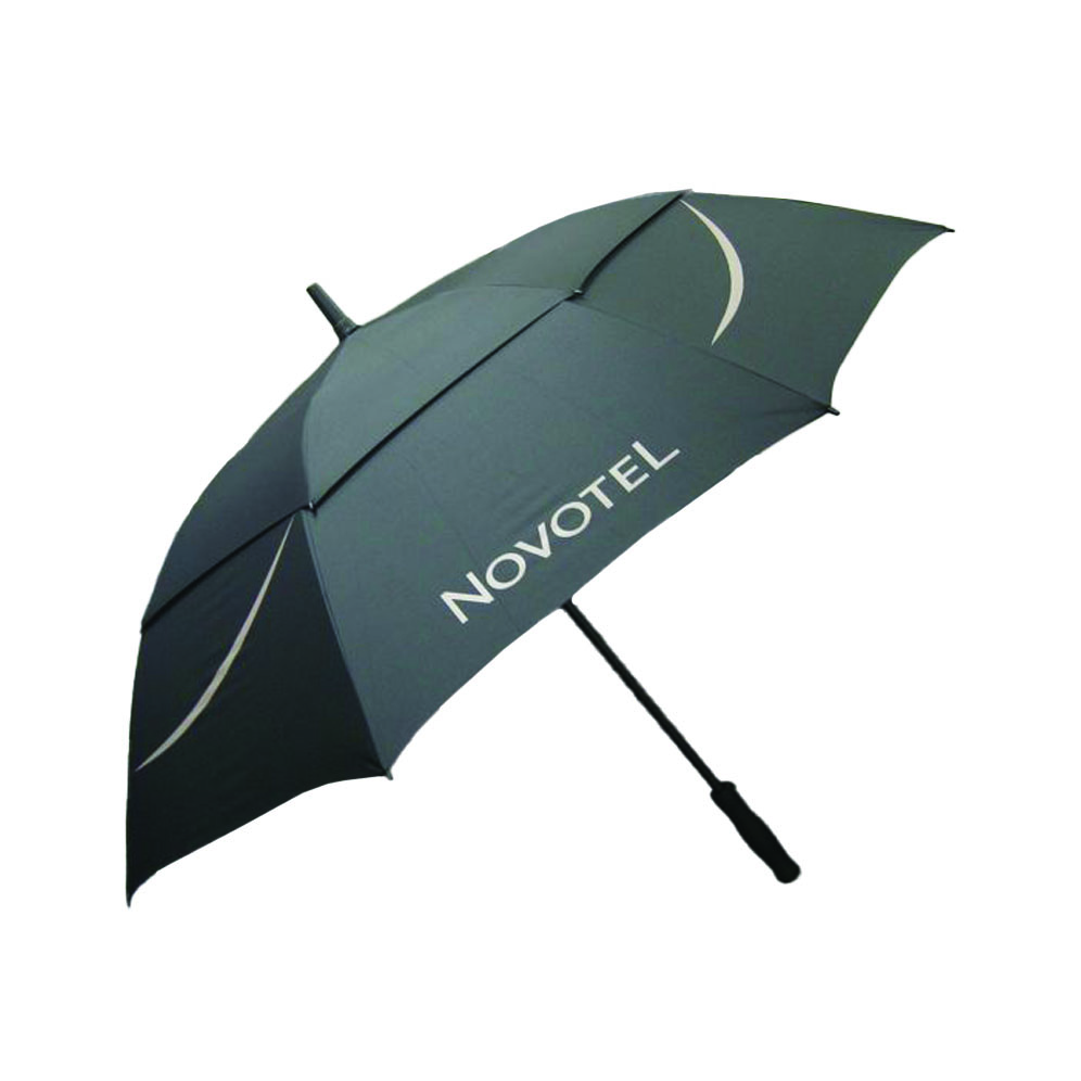 black canopy vented umbrella with Novotel white print 1 panel