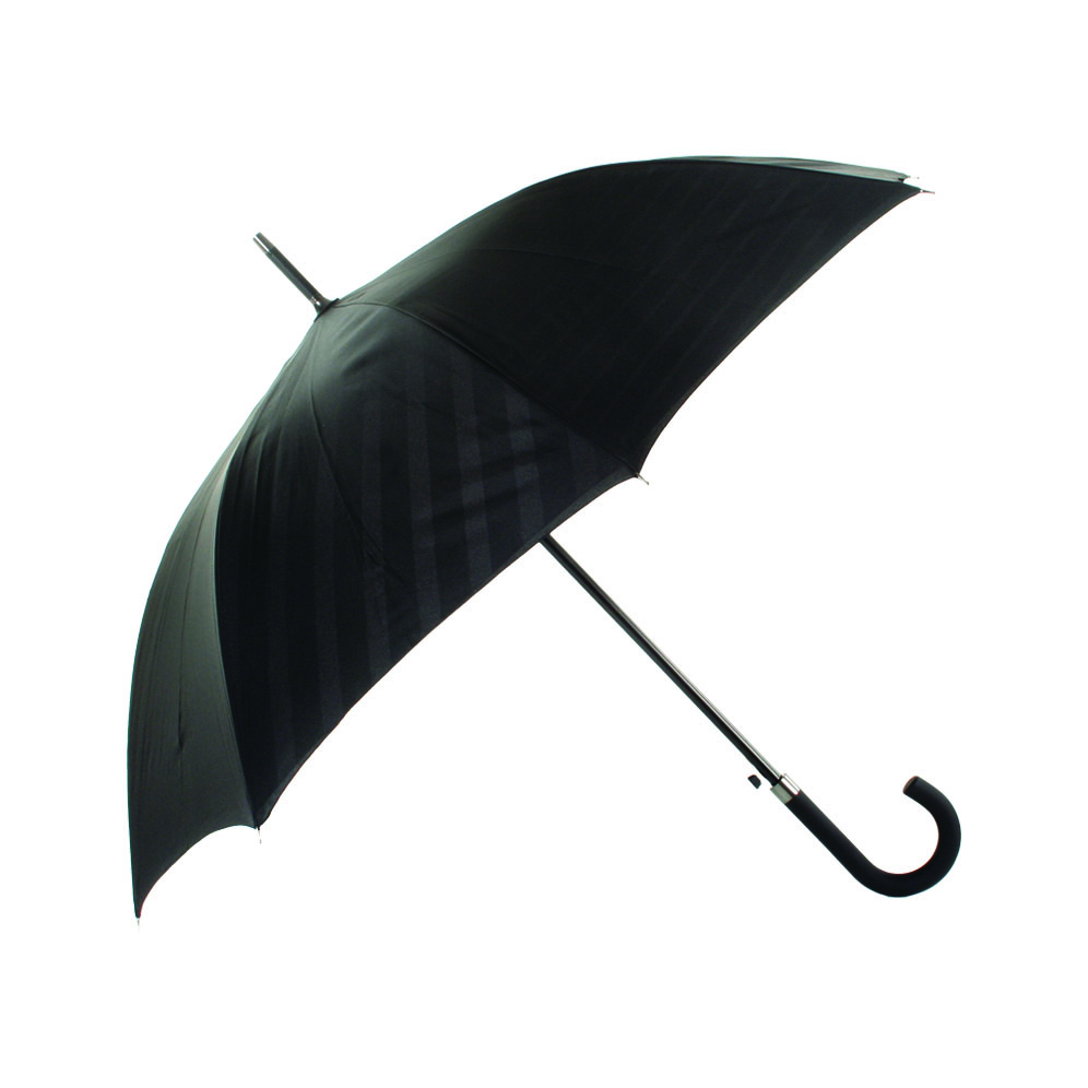 tone on tone print on black canopy umbrella with curved handle on white background