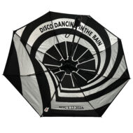 inside view of folding umbrella with silver and black print