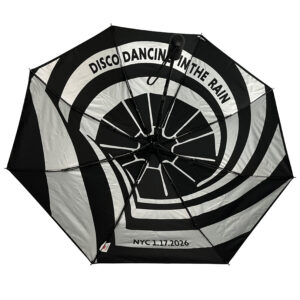 inside view of folding umbrella with silver and black print