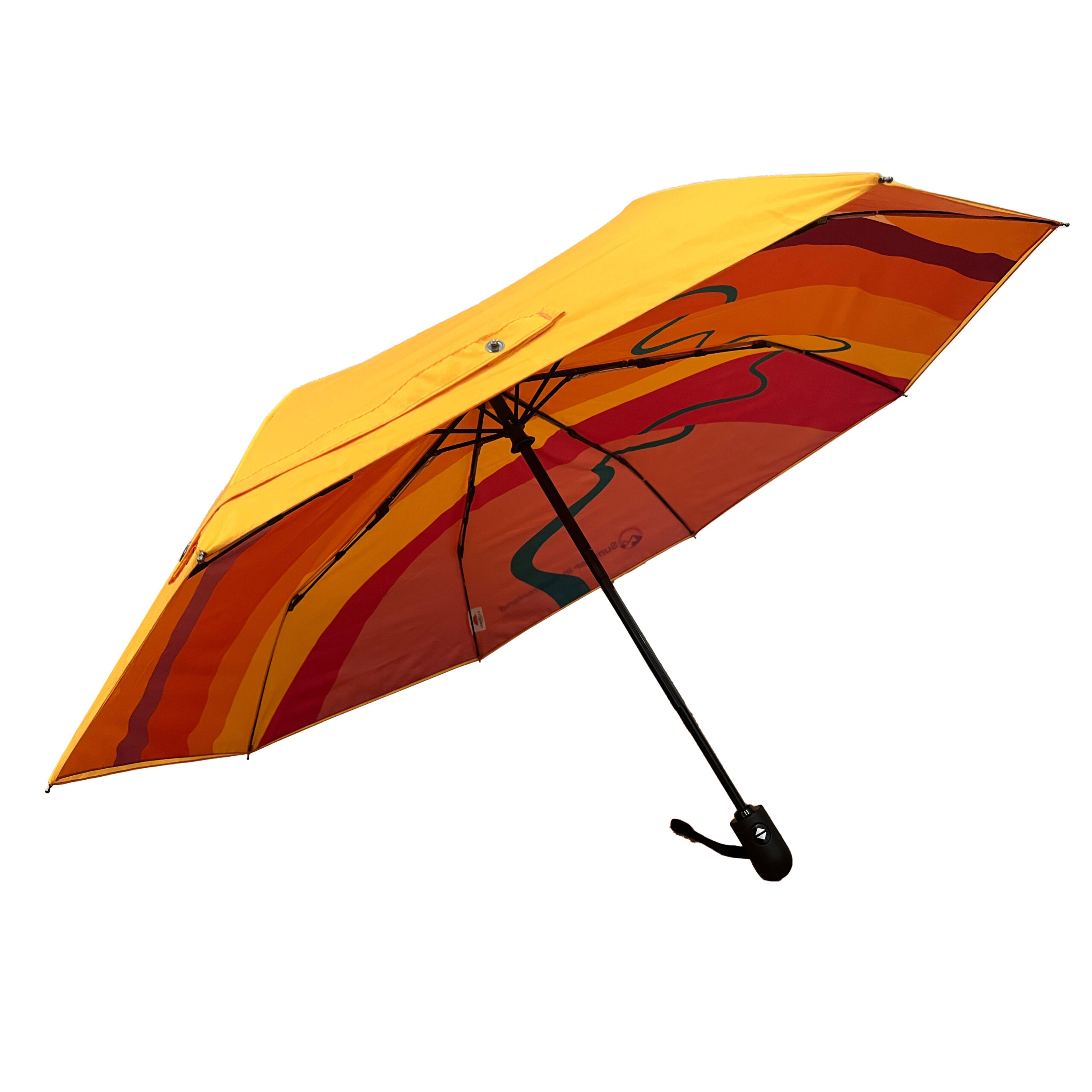 open side view of Leysin American School umbrella shows inside panels are printed brightly with outside yellow panels