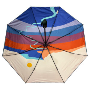 open inside view of folding Leysin American School folding umbrella with bright digital print on inside panels