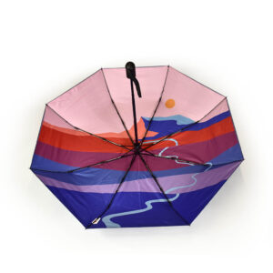 open inside view of folding Leysin American School folding umbrella with bright digital print on inside panels