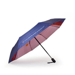 Bespoke school branding open side view of folding Leysin American School folding umbrella with bright digital print on inside panels