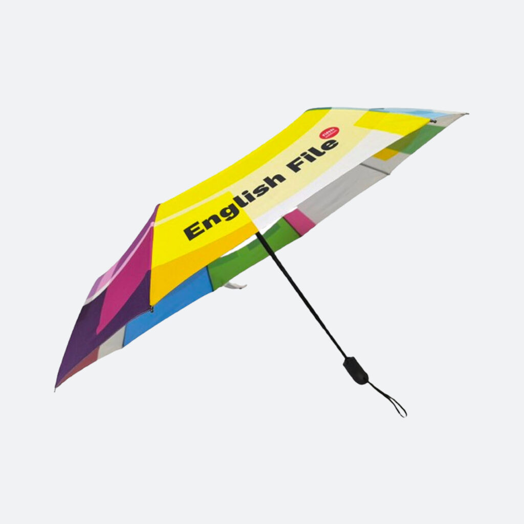 branded telescopic brollies in brightly colour print on panels