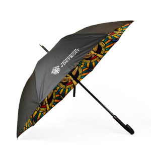 Bespoke church fundraising gifts side view of black outer panels on umbrella and stained glass window print on inside