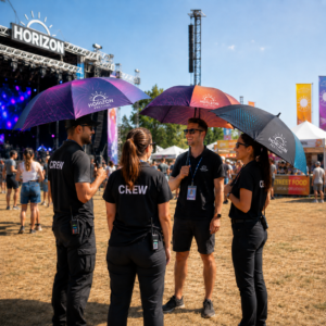 Outdoor event staff sheltered from sun under branded sun protection umbrellas